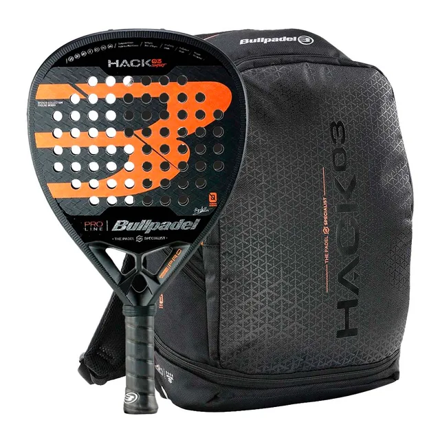 Bullpadel Hack 03 Comfort 2024 padel racket with Bullpadel BPM-24001 Hack black padel backpack Paquito Navarro